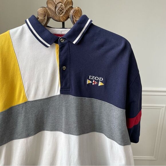 Vintage 90s Izod Nautical Primary Colorblock Pique Cotton Polo Golf Shirt XL - Picture 1 of 8